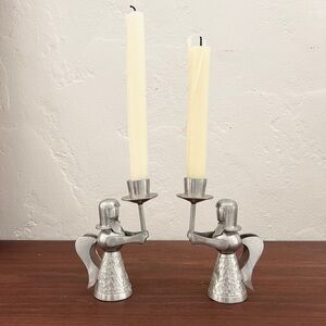 Pair silver metal folk art angel candleholders candlesticks Christmas decor